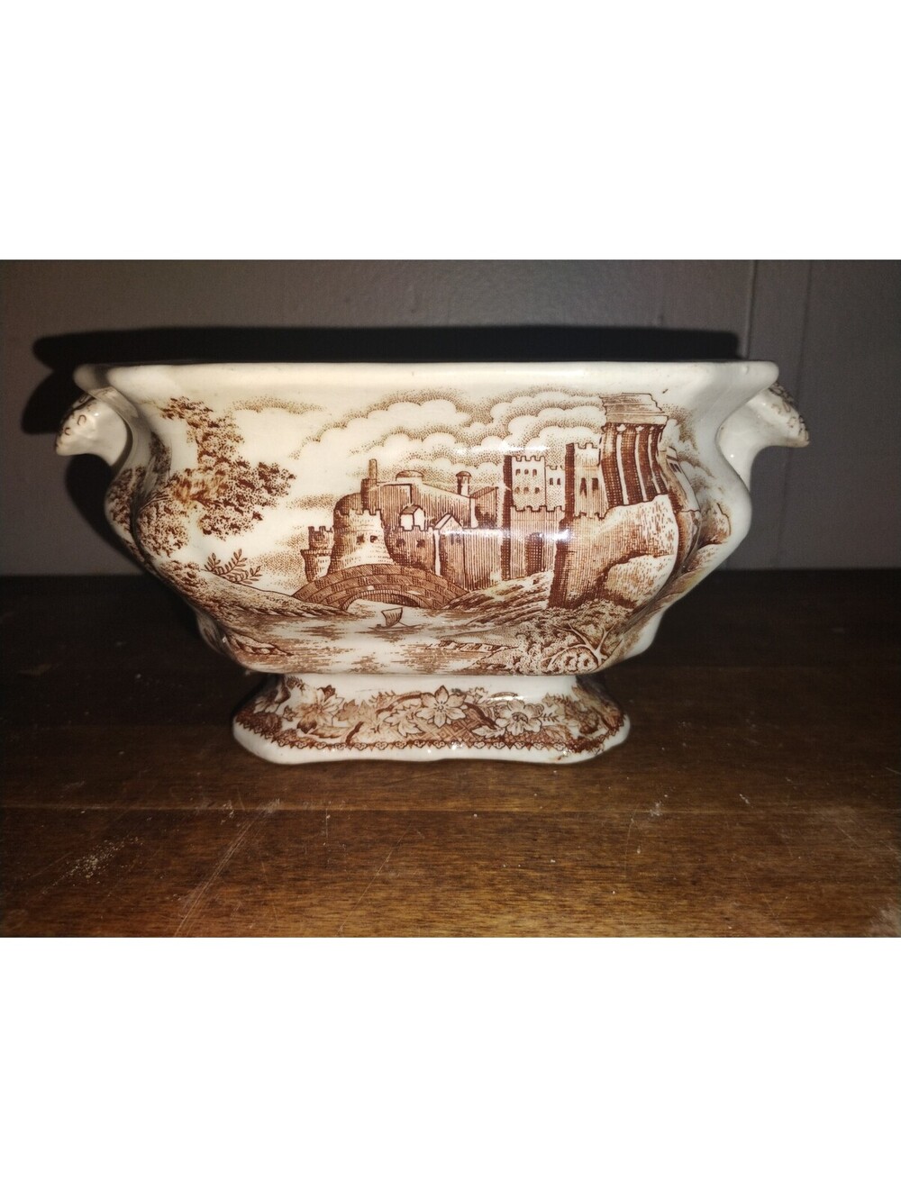 Vintage Ceramic Footed Planter with Castle Scenic Design